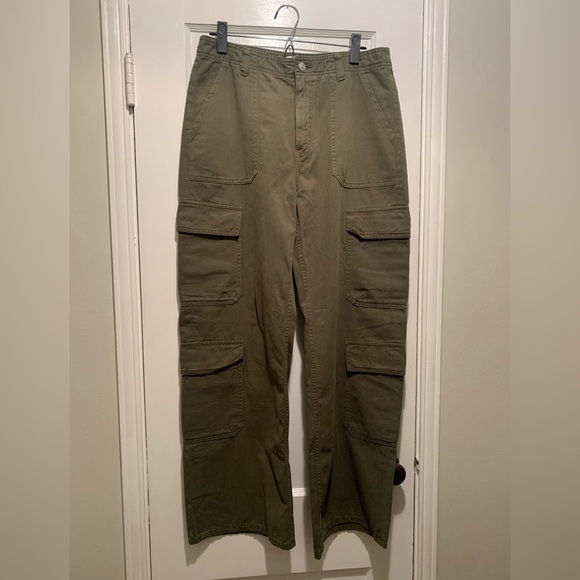 Zara Pants - Zara High Rise Wide Leg Army Green Cargo Pants 8